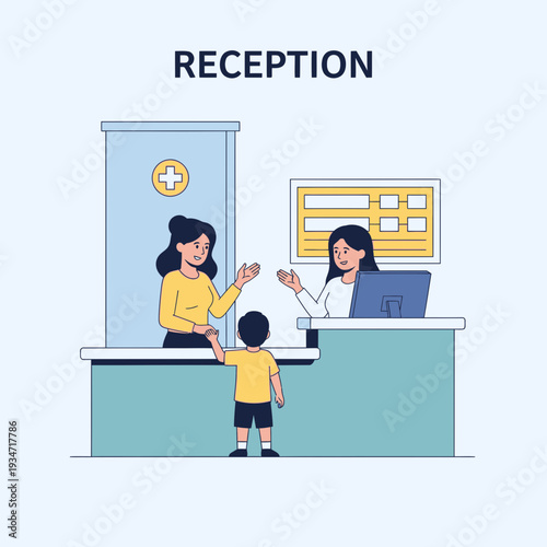 Friendly Hospital Receptionists Greeting a Young Patient at the Healthcare Facility Counter