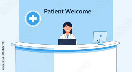 Friendly Clinic Receptionist Welcoming Patients With A Smiling Expression And Modern Design