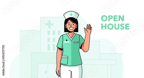 Friendly Nurse Greets Visitors at Open House with Hospital in the Background