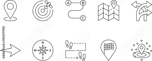 Navigation and travel icons set with thin line flat design vector illustration for maps and GPS tracking