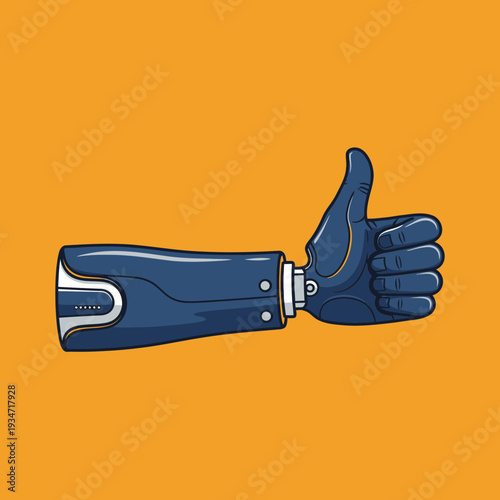 Futuristic Prosthetic Arm Displaying a Positive Gesture Against a Vibrant Orange Backdrop