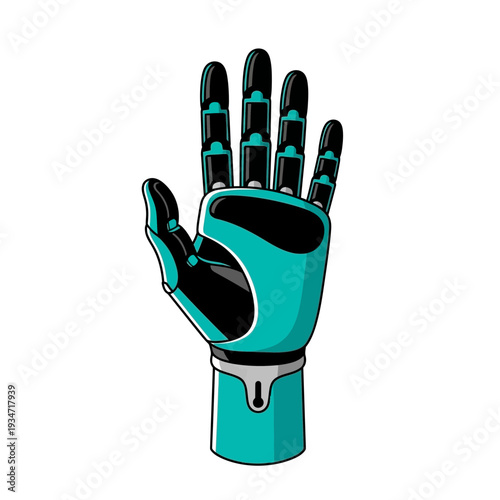 Futuristic Prosthetic Hand in Turquoise and Black Depicting Advanced Artificial Intelligence