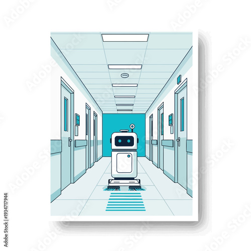 Futuristic Hospital Corridor Featuring an Autonomous Robot Navigating Medical Pathways Perfectly