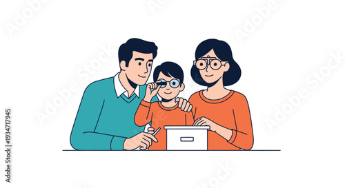Family Undergoing Eye Exam: Vector Illustration Depicting Visual Health And Well Being