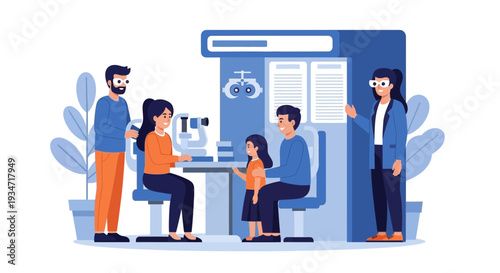 Family Undergoing Vision Examination Process, Optometrist Office Illustration
