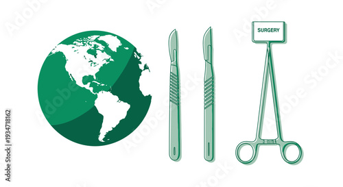 Global Healthcare: Surgery Around The World, Medical Tools and Earth Concept Illustration