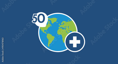 Global Healthcare Advancement Concept With Plus Sign and Number Fifty on Blue Background