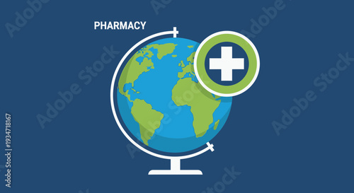 Global Healthcare: Pharmacy Icon Representing Worldwide Medical Services and Accessibility