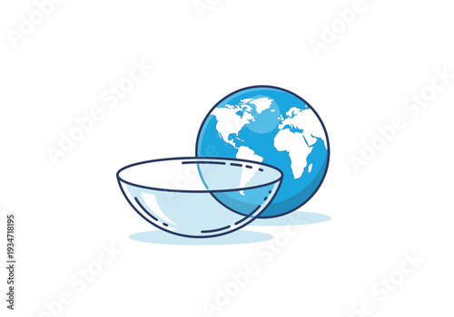 Global Vision: Contact Lens Beside Earth Globe, Healthcare And Worldwide Optics Concept