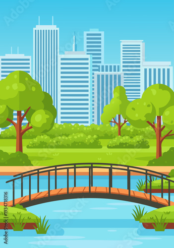 Charming vector illustration of a city park with a wooden bridge over a flowing stream, lush green trees and modern skyscrapers in the background, perfect for urban nature scenes