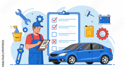 Automotive repair service checklist vector illustration with mechanic, car, tools, and battery