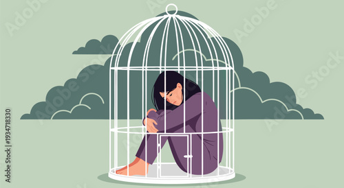 Vector illustration of a sad, lonely woman confined within a birdcage, symbolizing feelings of isolation, depression, and confinement
