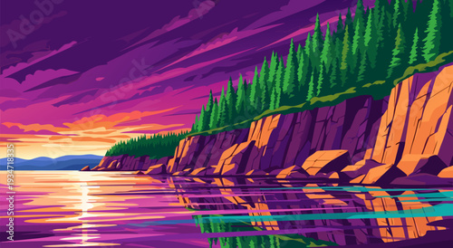 Stunning Vector Illustration of a Coastal Cliffside at Sunset with Reflective Water and Evergreen Trees