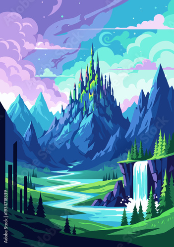 Magical Fantasy Castle Vector Illustration in a Vibrant Aurora Borealis Sky and Waterfall Landscape