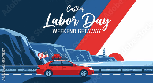 Red car driving on coastal road with lighthouse and mountains labor day weekend getaway theme vector illustration