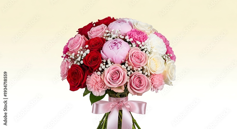 Fototapeta premium A beautiful bouquet of roses with pink, red and white flowers and a ribbon