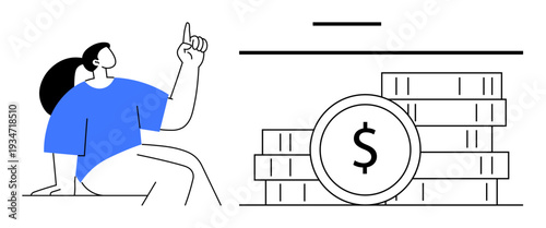 Finance, wealth management, investment planning, savings, economic growth, business strategy. Woman gesturing beside coins and a dollar symbol. Finance and wealth management visualization