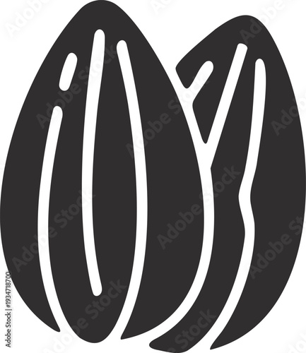 Two stylized black silhouette almonds, side by side with visible striations