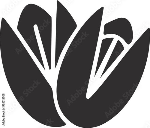 Two stylized black silhouette pistachios, one in shell and one cracked open