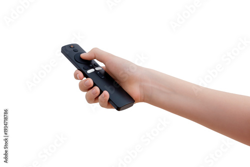 Hand pressing button on wireless television remote control transparent  background