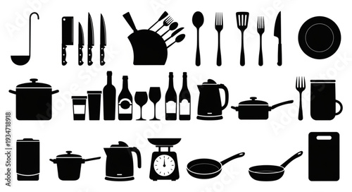 Collection of kitchen utensils and cookware silhouettes.