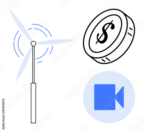 Renewable energy, sustainable investments, financial growth, digital content, media communication, environmental solutions. A wind turbine, coin with dollar symbol and video icon. Renewable energy