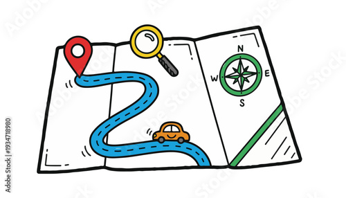 Hand-drawn Vector GPS Navigation Map with Route Path and Search Magnifier for Digital Travel App Interface and Summer Vacation