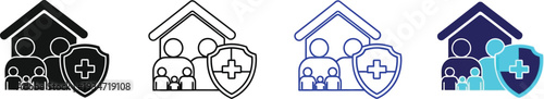 Family medical insurance or home health protection.  Family silhouette within a house shape, paired with a shield containing a medical cross. are, protection, and family values. 