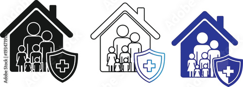 Family medical insurance or home health protection.  Family silhouette within a house shape, paired with a shield containing a medical cross. are, protection, and family values. 
