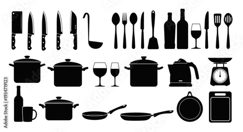 Collection of kitchen utensils and cookware silhouettes.