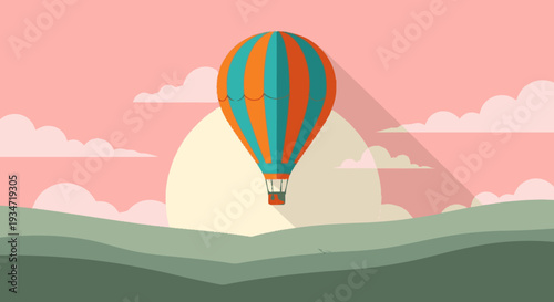 Colorful hot air balloon floating above rolling hills and setting sun