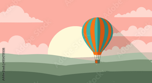 Colorful hot air balloon soaring above rolling hills at sunset