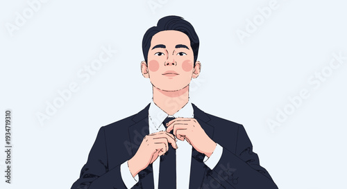 Confident businessman adjusting tie vector illustration on white backdrop