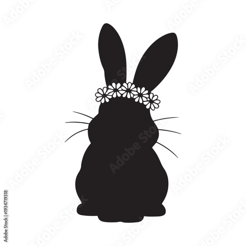 Easter day bunny silhouette with floral crown on white background