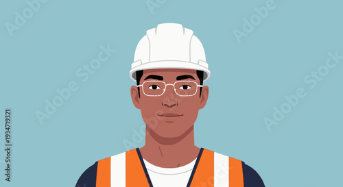 Construction worker wearing safety vest and helmet illustration against blue background