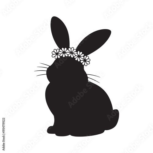 Easter day bunny silhouette with floral crown on white background
