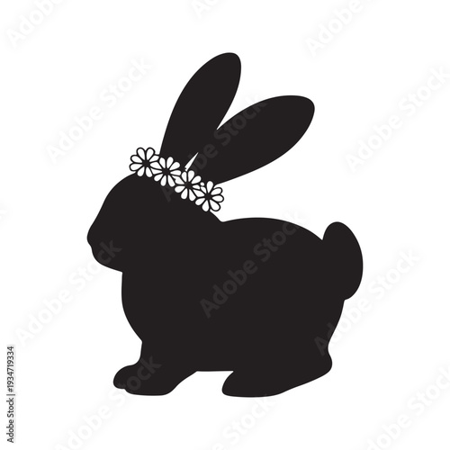 Easter day bunny silhouette with floral crown on white background