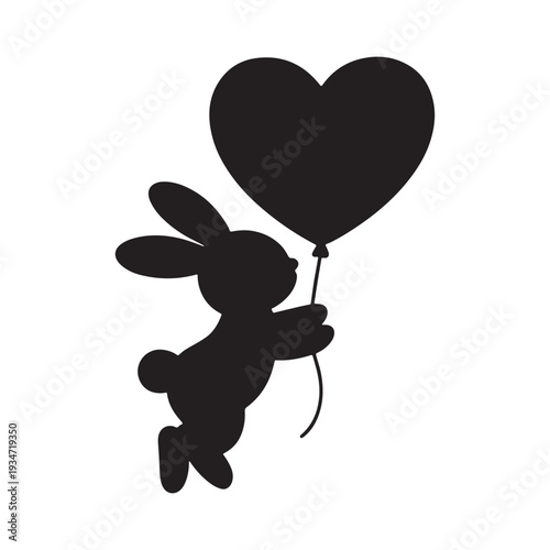 Easter day joyful silhouette of bunny holding heart balloon