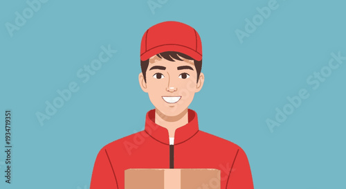Delivery person with package standing against blue background illustration