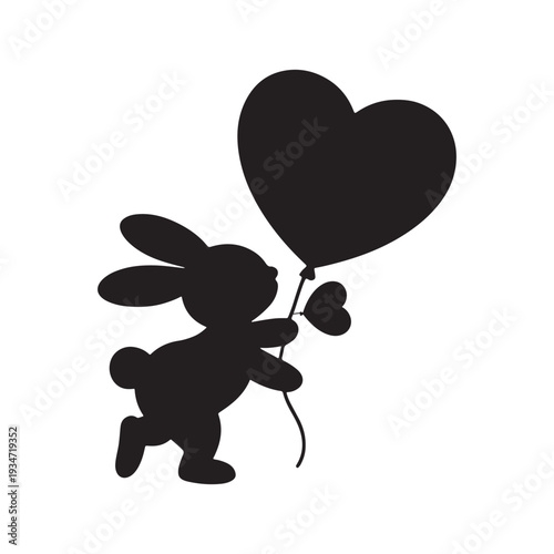 Easter day bunny holding heart balloon silhouette