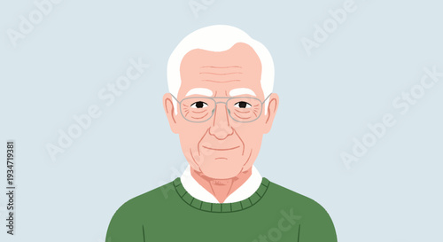 Elderly man portrait in green sweater and glasses on simple background