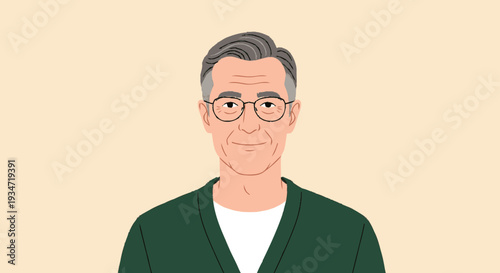 Elderly man with glasses wearing green cardigan against neutral background