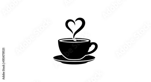Black Silhouette of Coffee Cup with Heart Shaped Steam.