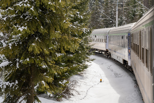 An intercity train winds its way through a snow-covered forest on route number 99 between Krakow and Zakopane, carrying tourists to the Tatra Mountains for their winter break