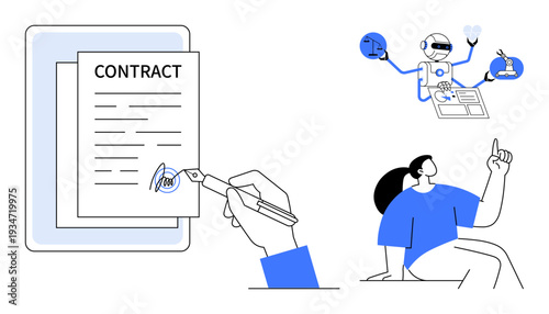 Business processes, legal services, contract management, artificial intelligence, innovation, problem-solving. A hand signing a contract, AI assisting person contemplating ideas. Contract management