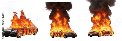 Fotografie Set and collection of black luxury sedan cars engulfed in fire with towering bla
