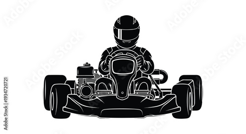 A black and white illustration of a person wearing a helmet sitting in a go-kart with a plain white background.