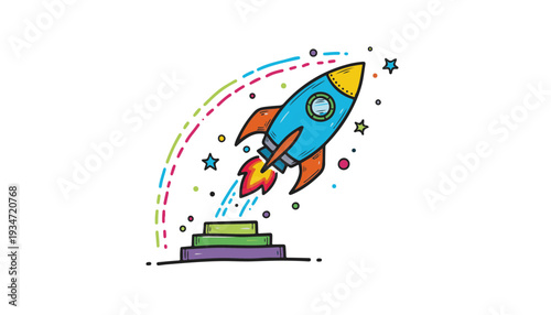 Colorful vector rocket ship launching from platform symbolizing startup growth and business breakthroughs for New Year goals