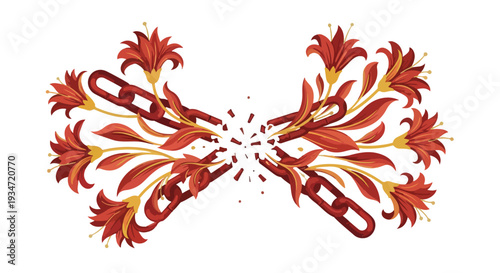 Vibrant red and orange floral pattern explodes in a symmetrical design against a clean white background with sharp details.