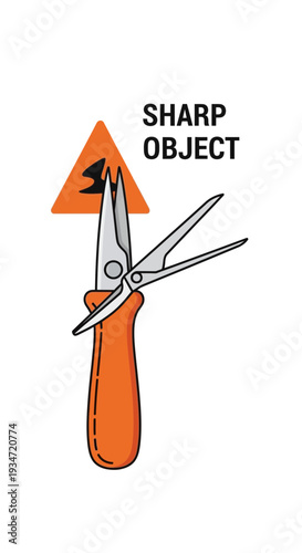 Graphic Depiction of Sharp Scissors with Orange Handle and Danger Sign Against White Background